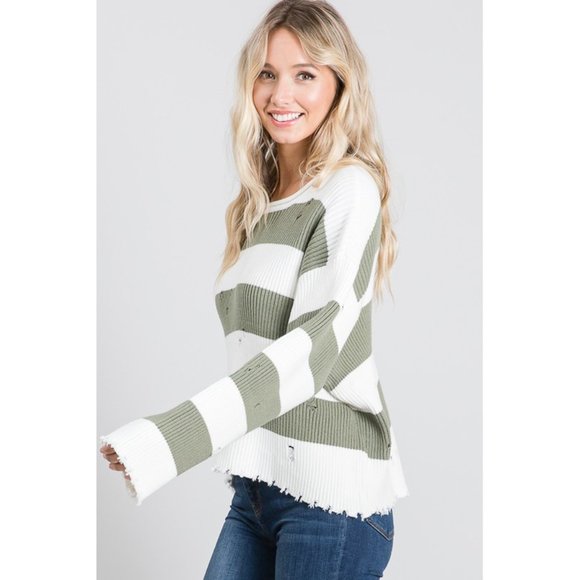 Women's Striped Knit Sweater With Distressing Details (White/Olive) - Picture 3 of 4